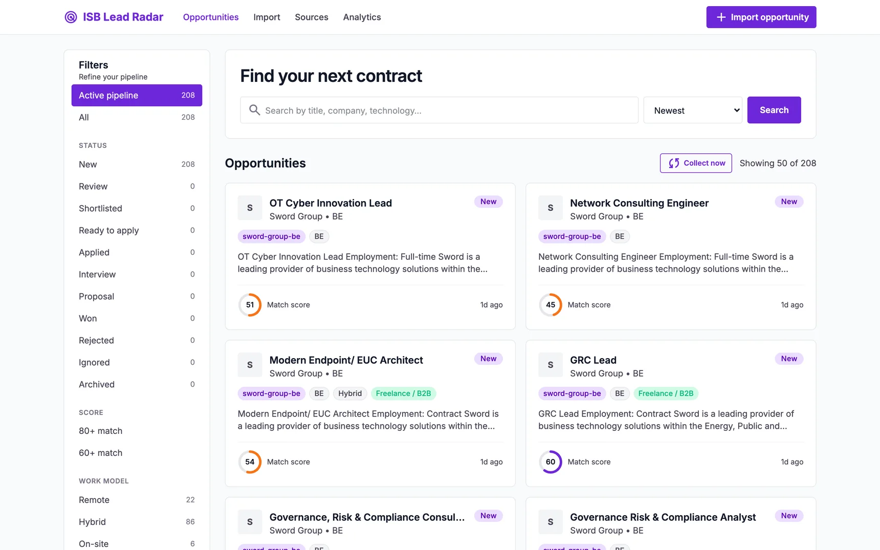 Lead Radar dashboard listing opportunity cards with match scores and pipeline filters